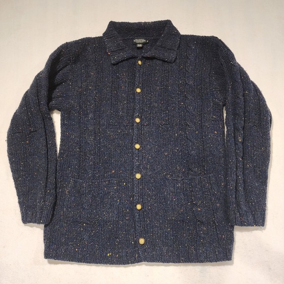 J. Peterman Company 100% Wool Navy Blue Cableknit Cardigan Sweater Men's Medium